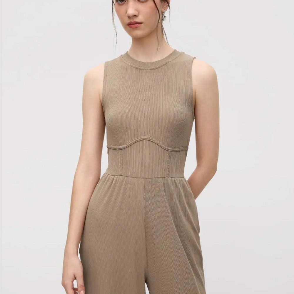 Cider Sleeveless Wide Leg Jumpsuit Size Large Tan Khaki